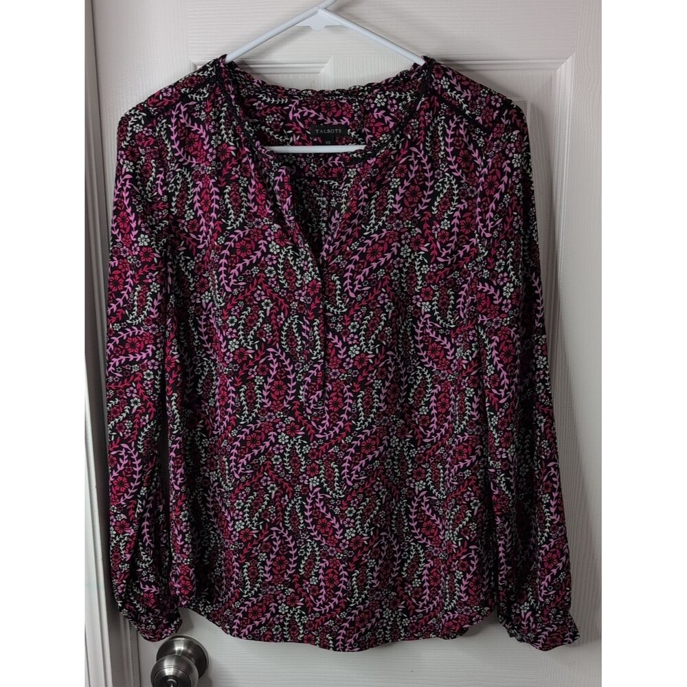 Talbots Black Top with Pink Floral Vine Print Size XS